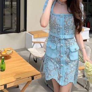 Self-Portrait Lace & Floral-Button Minidress blue